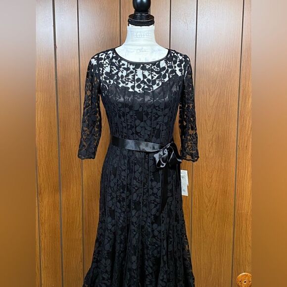Teri Jon by Rickie Freeman Black Lace Pintuck midi dress size 4 - Picture 4 of 11